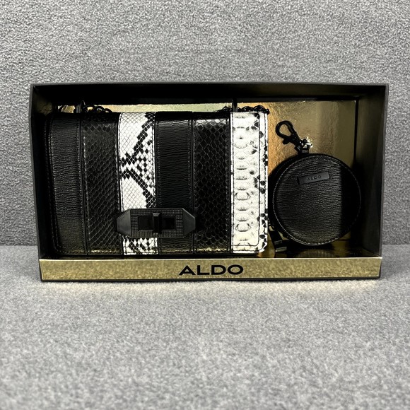 ALDO Crossbody Hand Bag + coin wallet Black & white snake skin print Purse chain - Picture 3 of 16